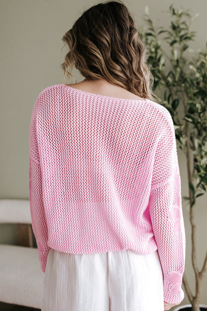 Threaded Pear Dulce Big Flower Hollowed Knit Drop Shoulder Sweater