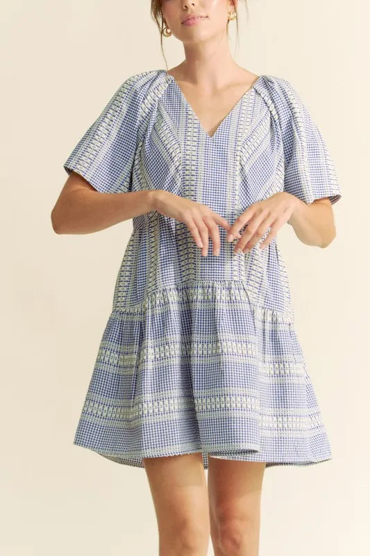 Davi & Dani Embroidered Stripe Ruffled Gingham Mini Dress