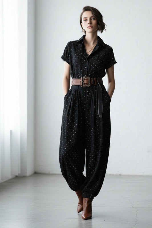 Notched Lapel Wide-Leg Checkered Jumpsuit for Women