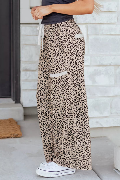Leopard Print Wide-Leg Pants with Drawstring