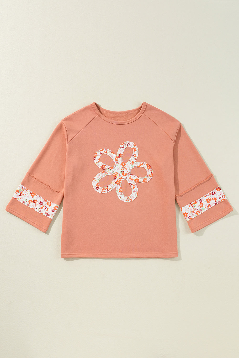 Threaded Pear Flower Exposed Seam Wide Sleeve Top