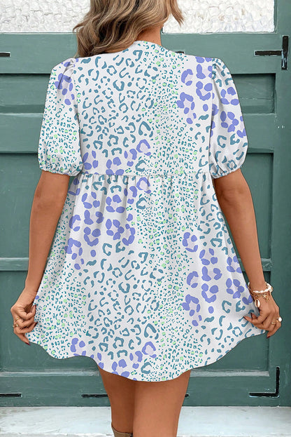 Sky Blue Leopard Bow Front Puff Sleeve Mini Dress