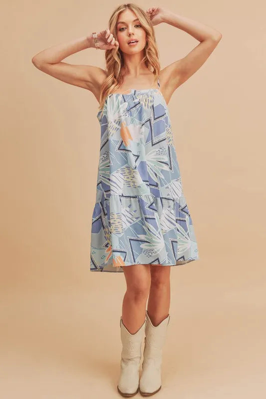 Aemi + Co Printed Ruffled Hem Square Neck Mini Cami Dress