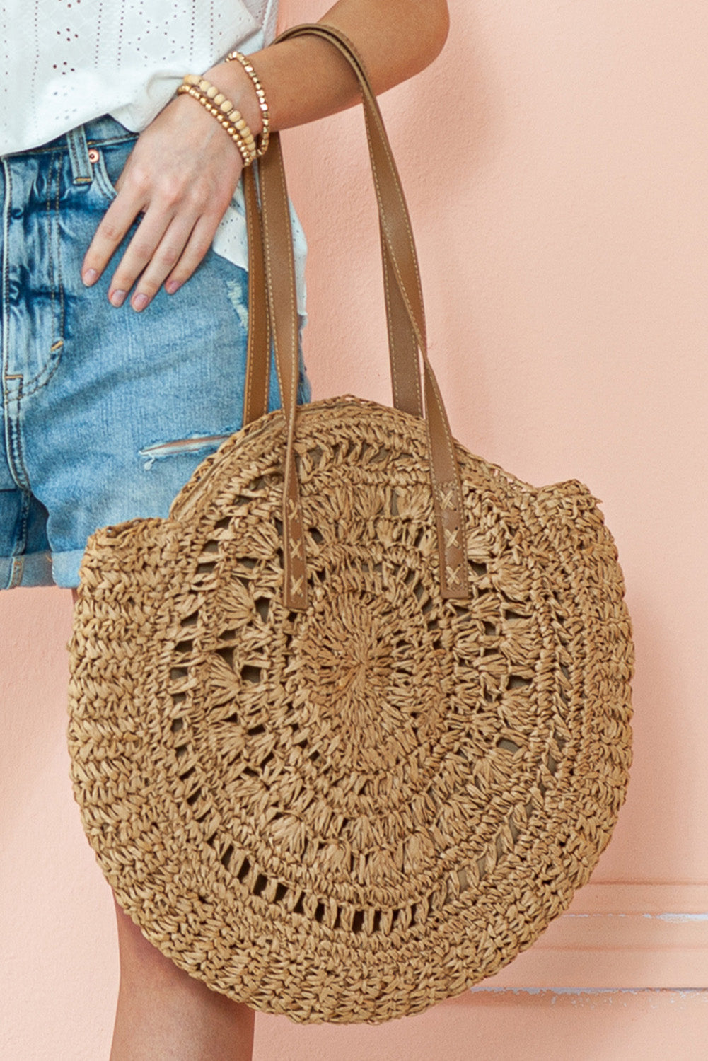 Threaded Pear Mavis Bohemian Straw Woven Round Bag