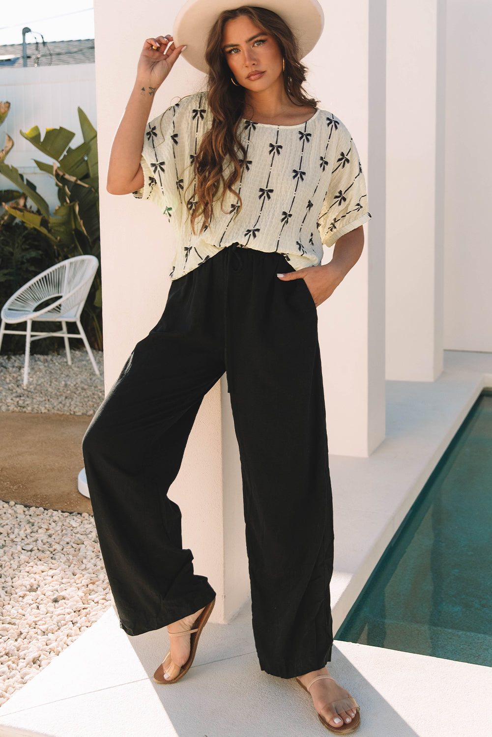 Threaded Pear Aviana Bow Print Puff Short Sleeve Top
