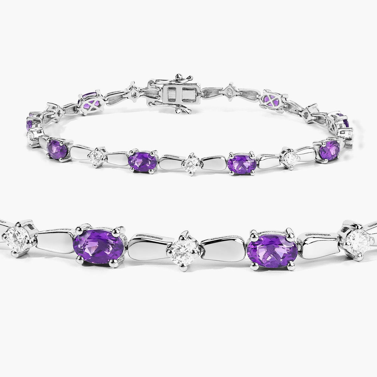 4.42 Cttw Oval Purple Amethyst and Lab Grown Diamond Rhodium over Silver Tennis Bracelet