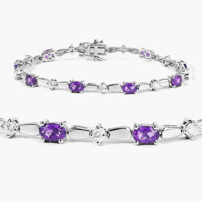 4.42 Cttw Oval Purple Amethyst and Lab Grown Diamond Rhodium over Silver Tennis Bracelet