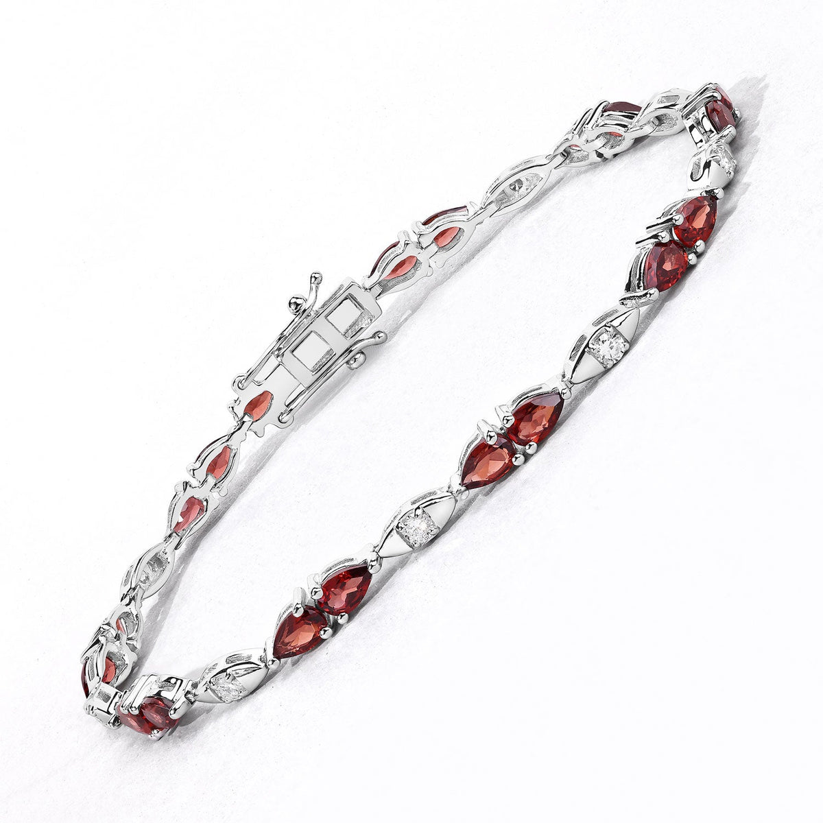 5.20 Cttw Pear Red Garnet and Lab Grown Diamond Rhodium over Silver Tennis Bracelet