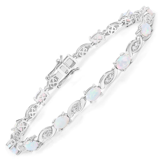 3.41 Cttw Oval White Ethiopian Opal and Lab Grown Diamond Rhodium over Silver Tennis Bracelet