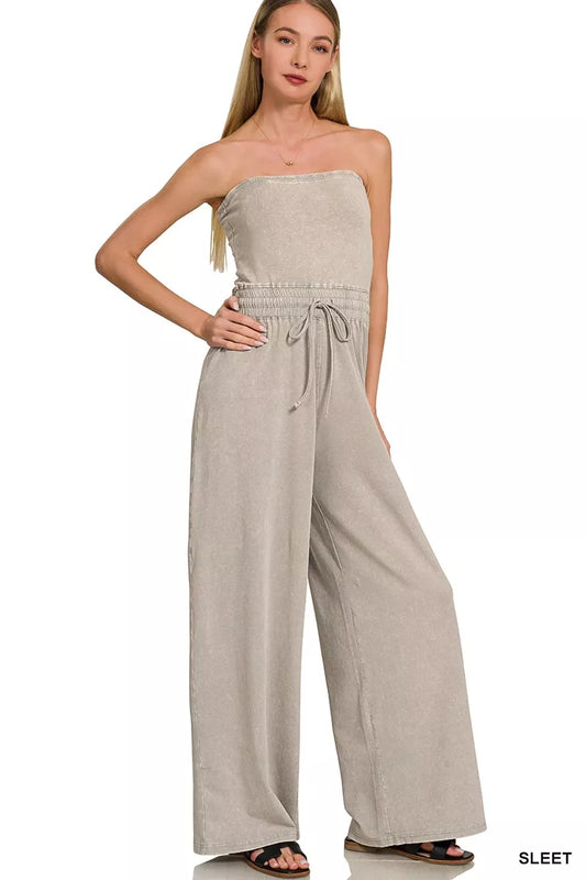 Zenana Acid Washed Strapless Tube Top Jumpsuit