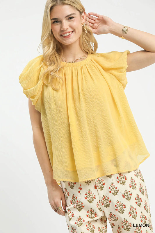 Umgee Crinkle Flutter Sleeve Peasant Top in Lemon