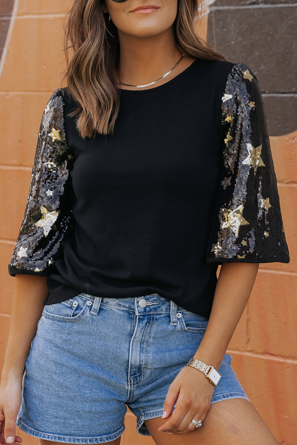 Threaded Pear Lara Splicing Half Sleeve Top