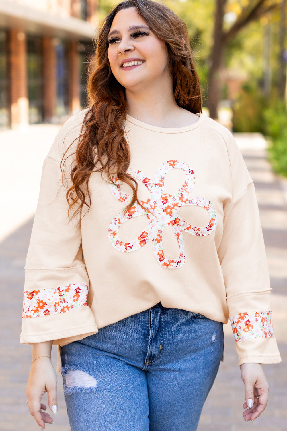 Threaded Pear Harmony Plus Size Flower Patched Top