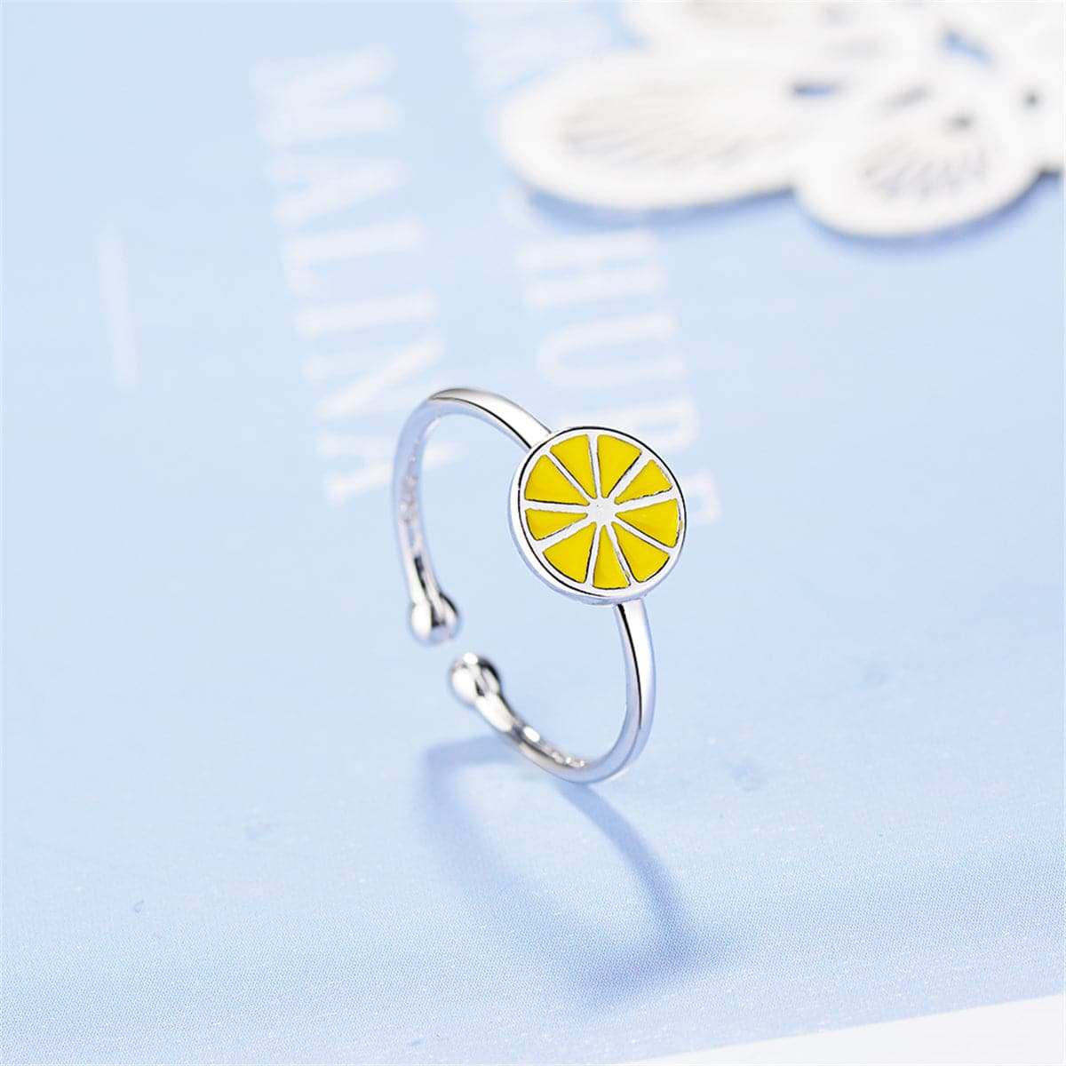 Yellow Enamel & Silvertone Lemon Open Ring