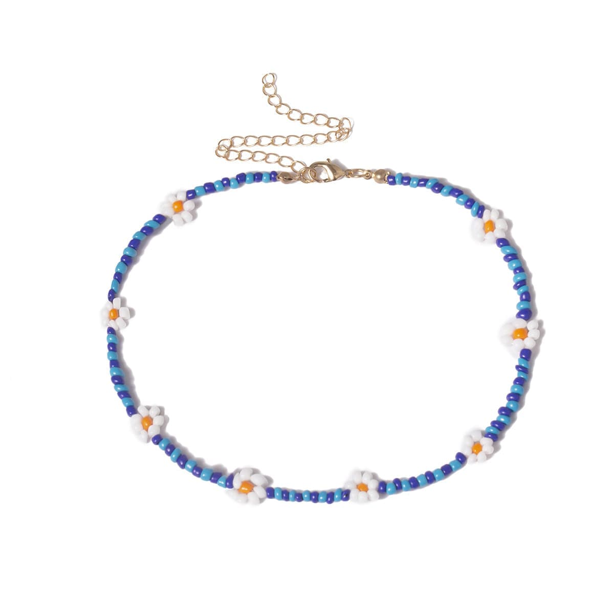 Blue Howlite & Goldtone Floral Station Choker Necklace