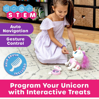 Pink/White robot unicorn, white remote, and , pink and black food-