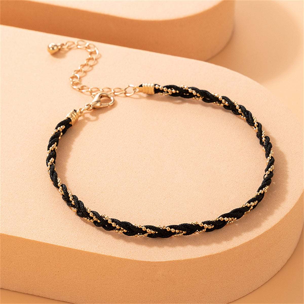 Goldtone & Black Polyster Braided Anklet