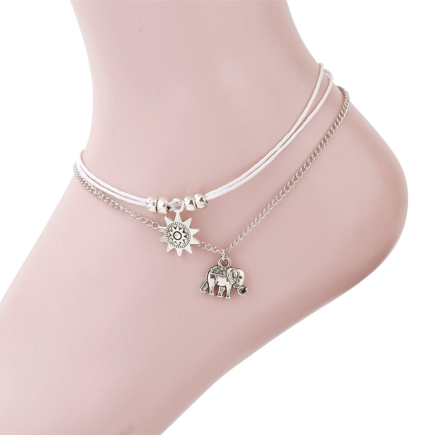 Silvertone Sun & Elephant Charm Anklet