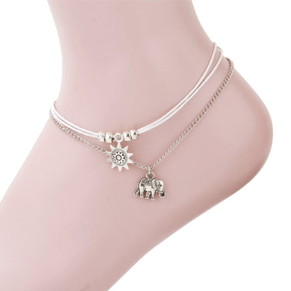 Silvertone Sun & Elephant Charm Anklet