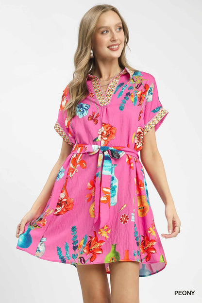Umgee Floral Print Mini Dress with Belt