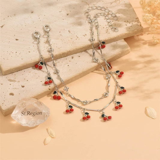Red Enamel & Silvertone Cherry Tassel Anklet Set