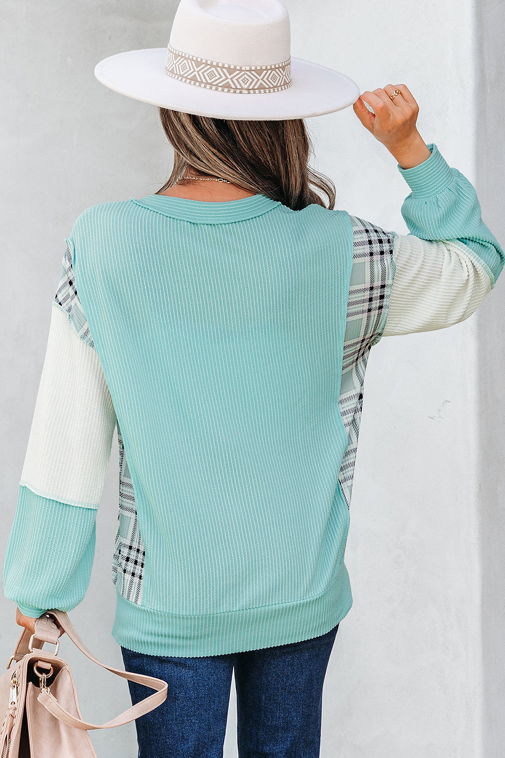 Threaded Pear Maddie Texture Colorblock Patchwork Long Sleeve PLUS Top