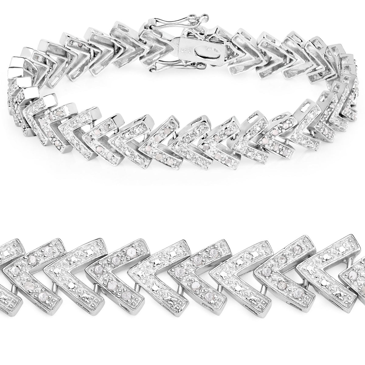 0.90 Cttw Round White Diamond Rhodium over Silver Chevron Tennis Bracelet