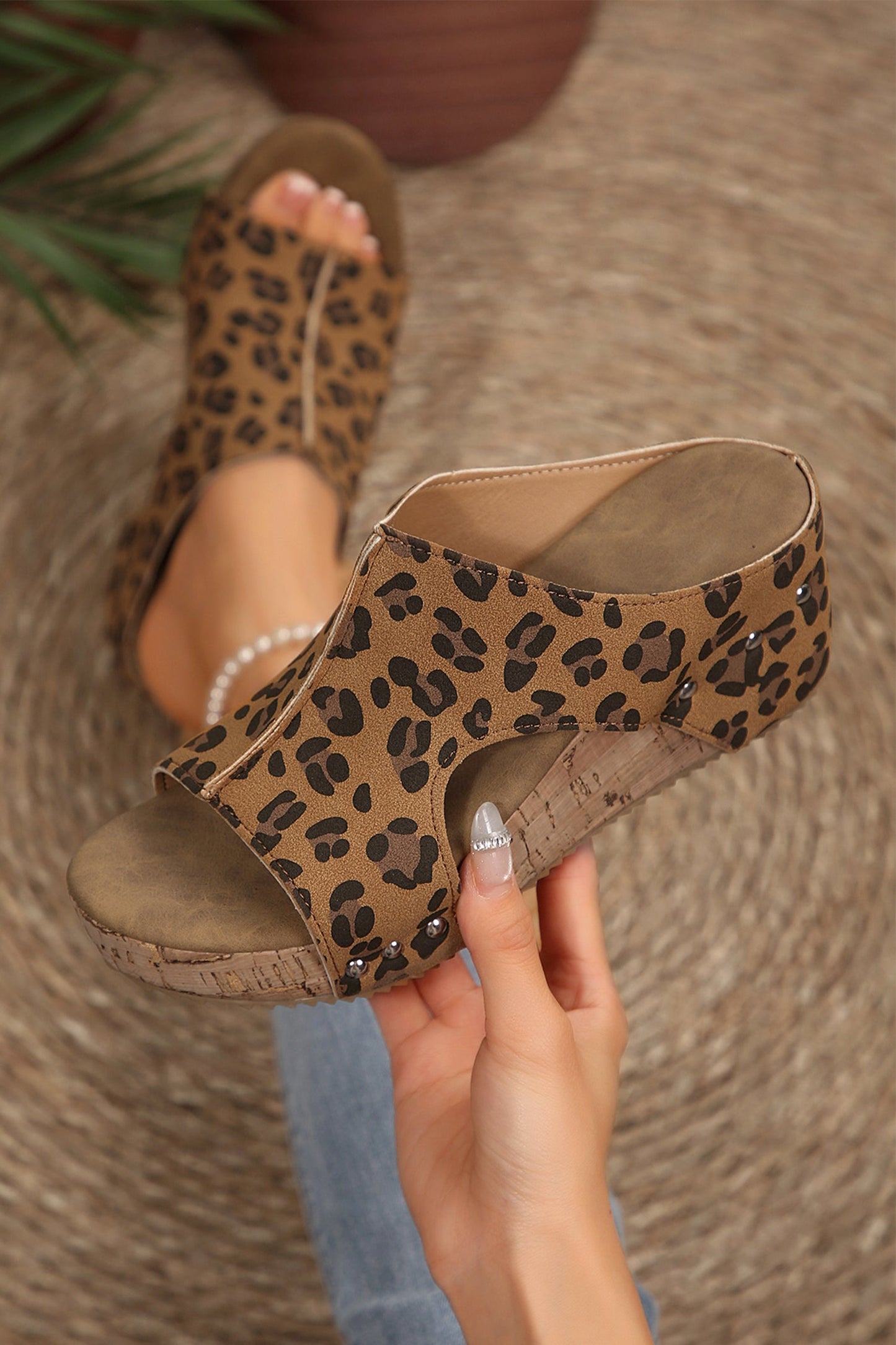 Threaded Pear Jazmine Studded Cutout Wedge Slippers