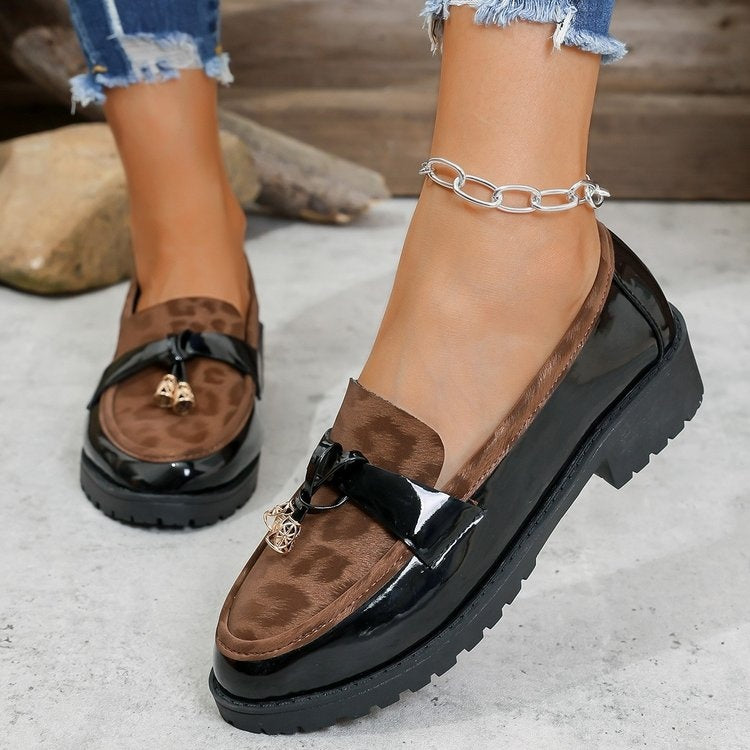 Women's Korean Style Leopard Print Buckle Loafers – Mid-Heel Non-Slip Casual Shoes