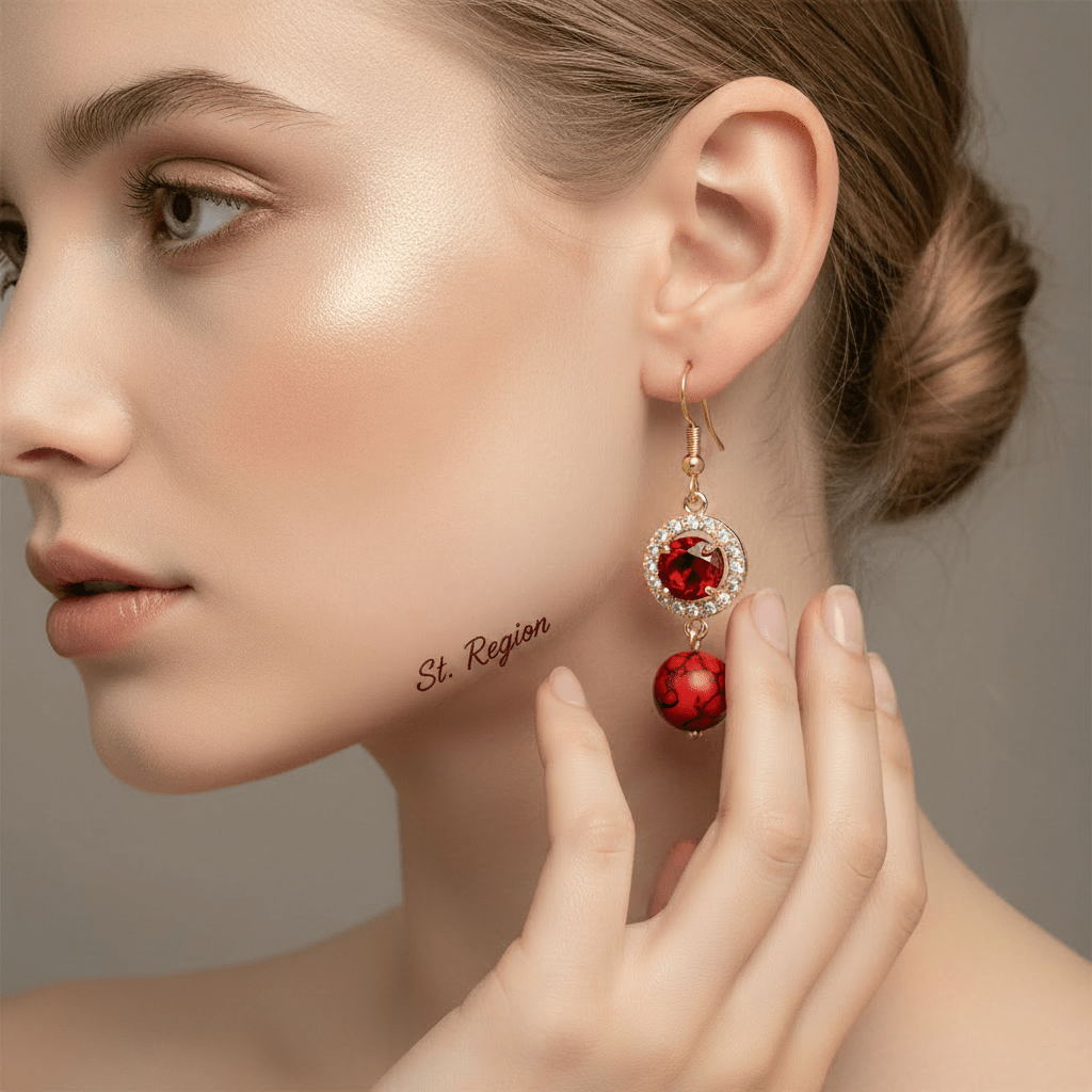 Red Turqouise & Crystal Cubic Zirconia Goldtone Ball Hook Earrings