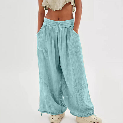 Women’s Solid Color Wide Leg Pants – Elastic Drawstring Waist and Side Pockets