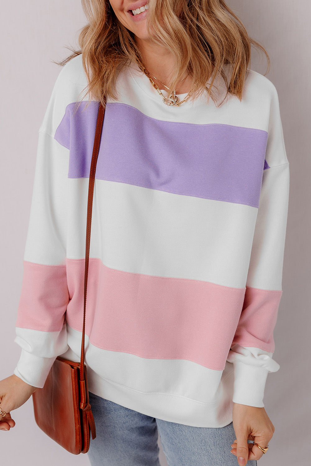 Threaded Pear Beige Colorblock Patchwork Drop Shoulder Crewneck Sweatshirt