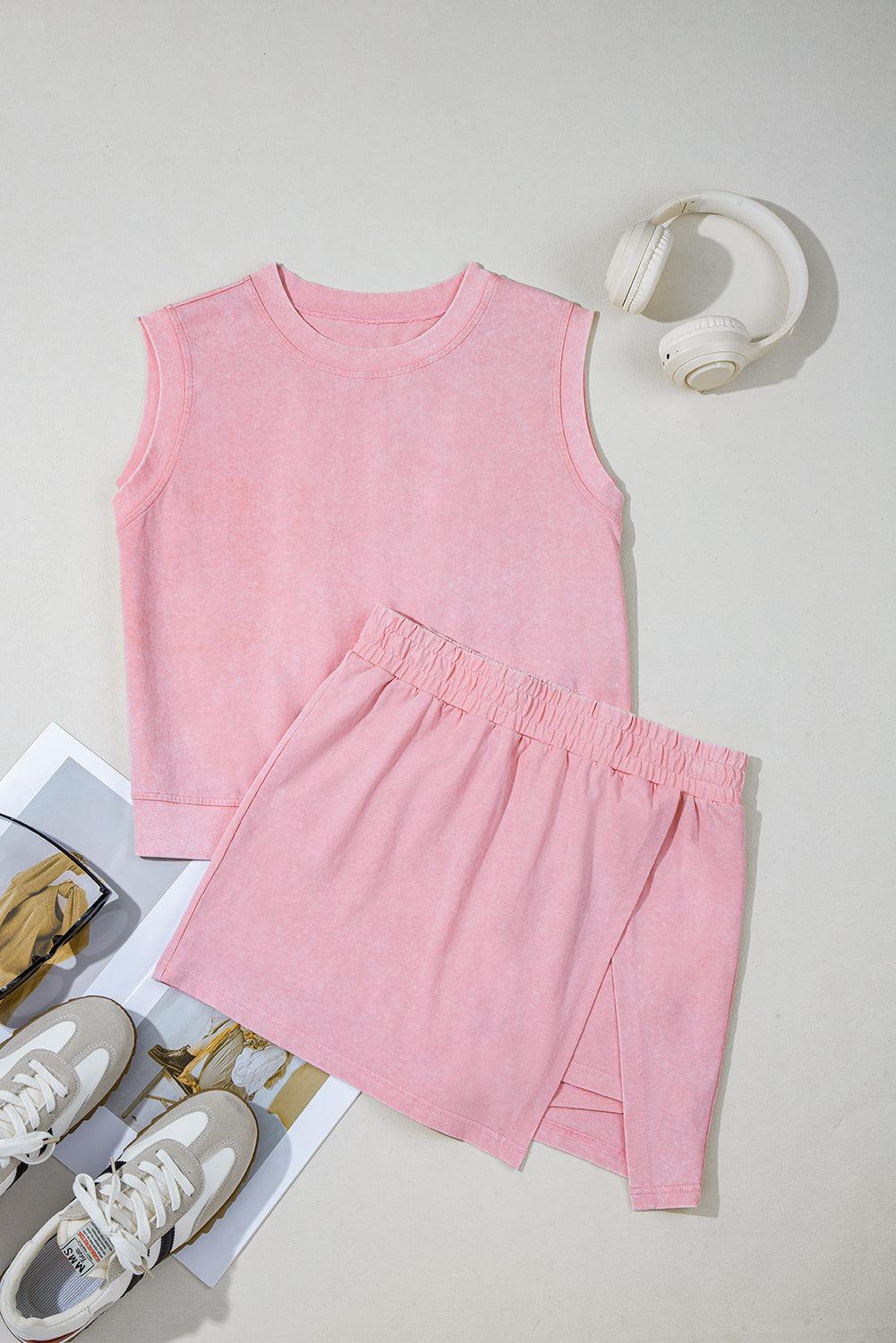 Threaded Pear Aria 2 Pieces Mineral Wash Cotton Tank Top Lined Split Skirt Set