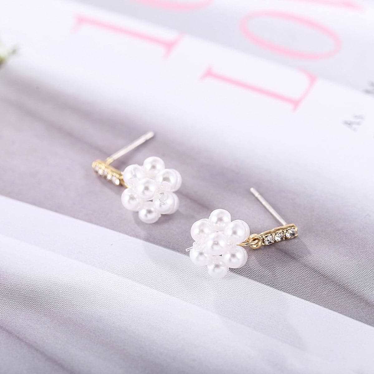 Pearl & Cubic Zirconia Goldtone Cluster Flower Drop Earrings