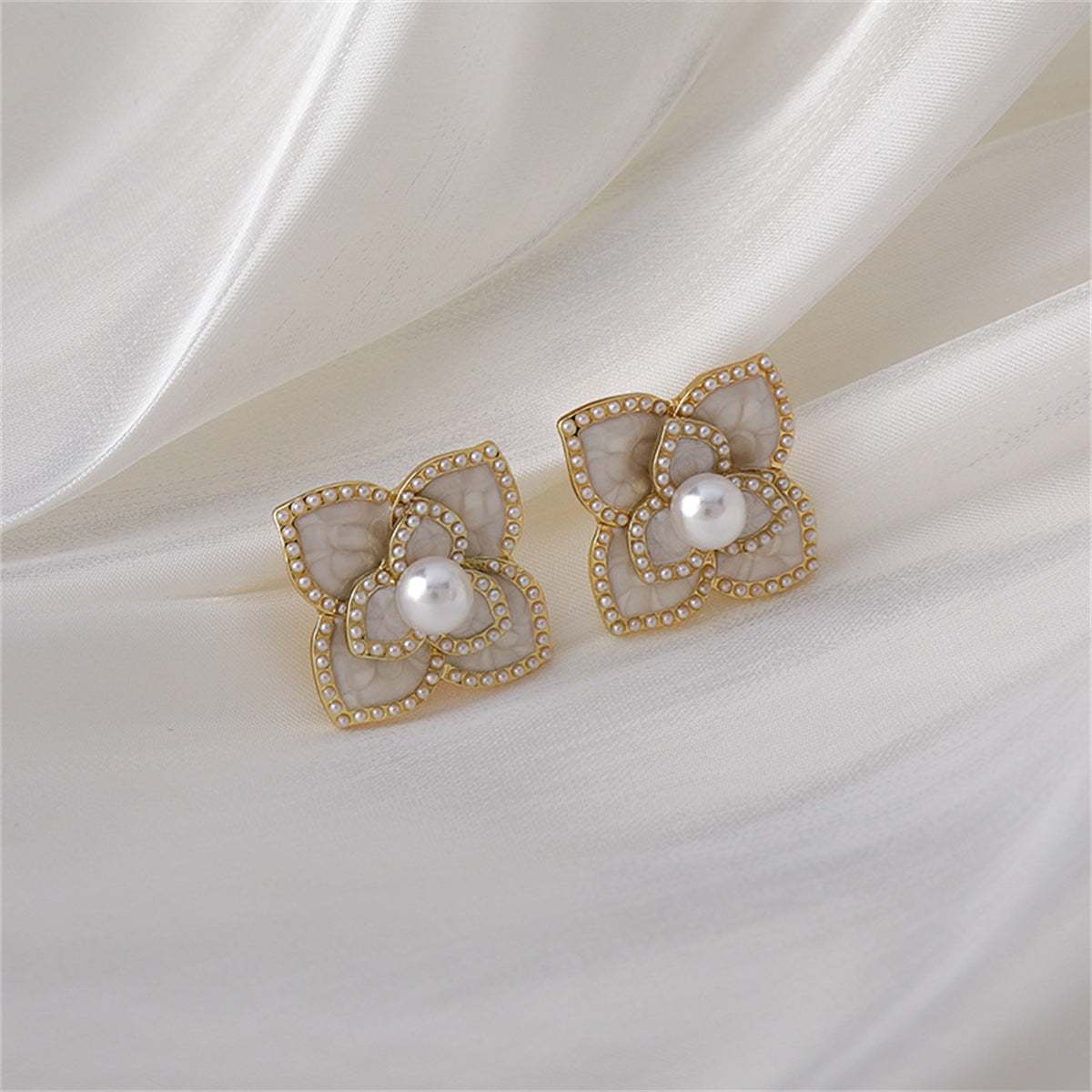 Pearl & White Camellia Goldtone Stud Earrings