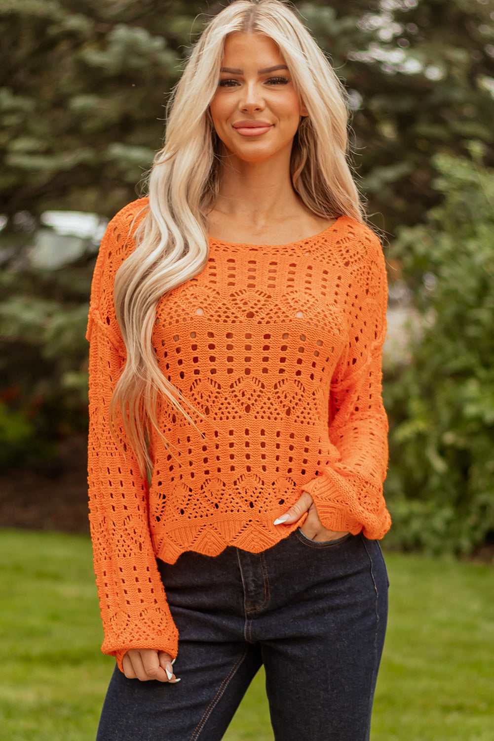Emerson Crochet Scallop Edge Sweater - Carrot / L - 12/14