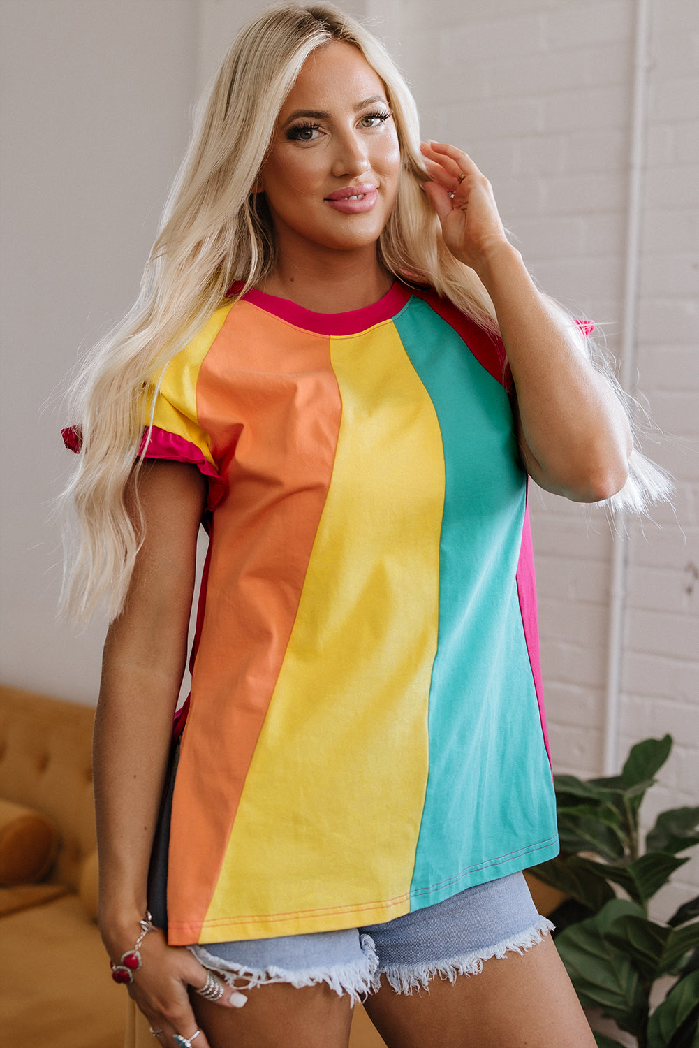 Threaded Pear Stormi Color Block Ruffled Crew Neck Loose Fit Top