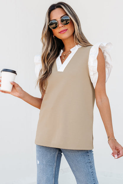 Threaded Pear Serena Contrast V Neck Ruffled Textured Knit Top