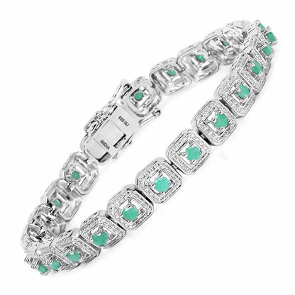 2.40 Ct Round Green Emerald Square Halo Sterling Silver Inline Tennis Bracelet