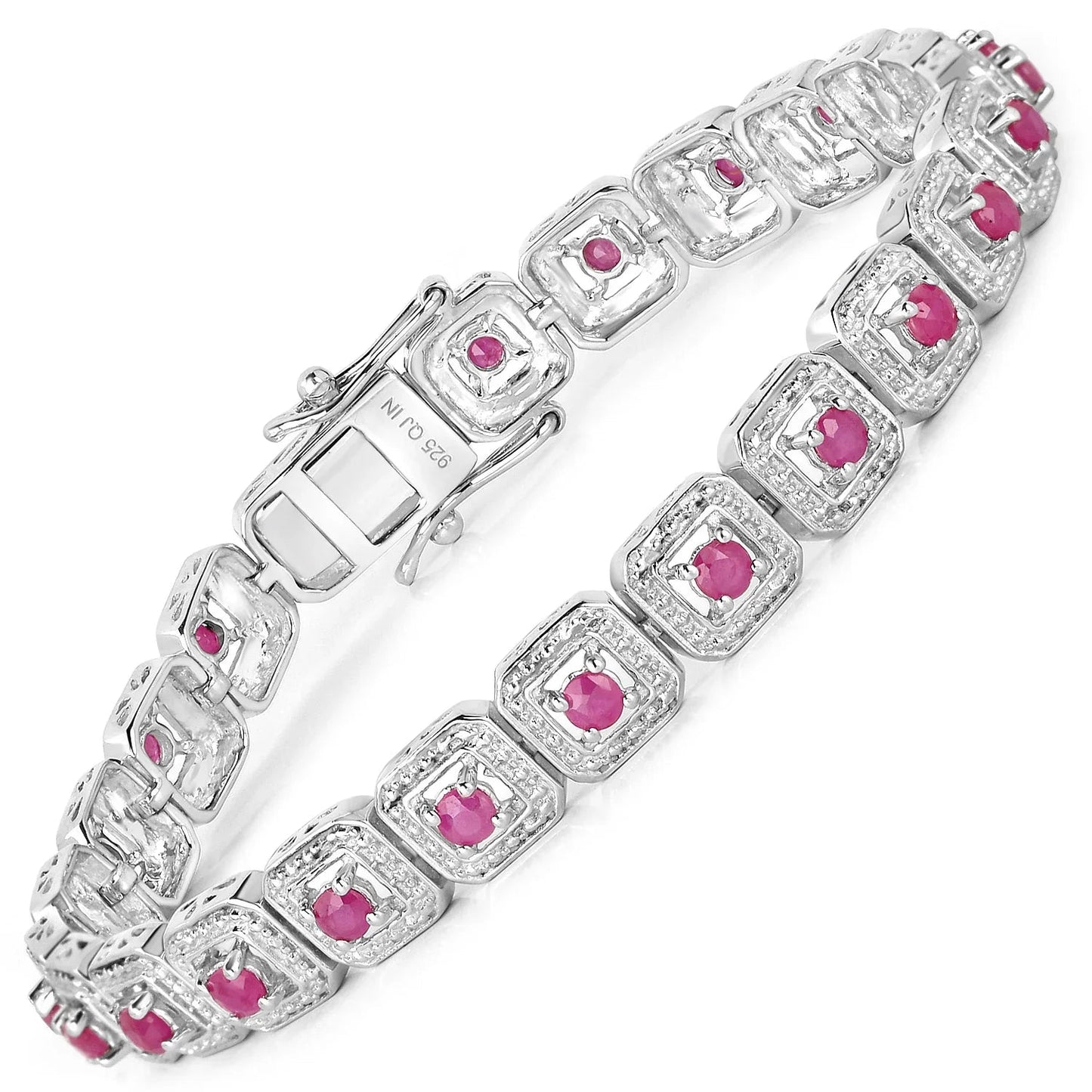 3.12 Ct Round Pinkish Red Johnson Ruby Square Halo Sterling Silver Tennis Bracelet