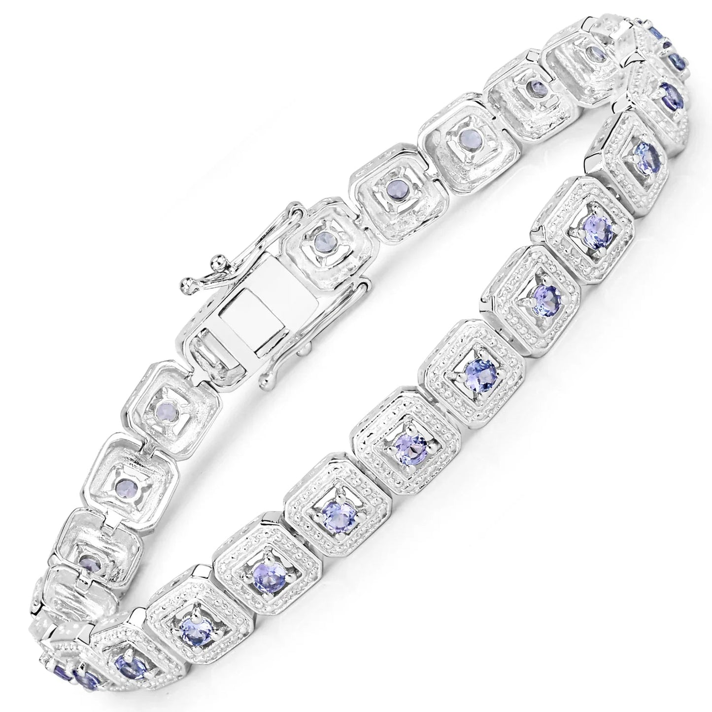 2.40 Ct Round Violet Tanzanite Square Halo Sterling Silver Inline Tennis Bracelet