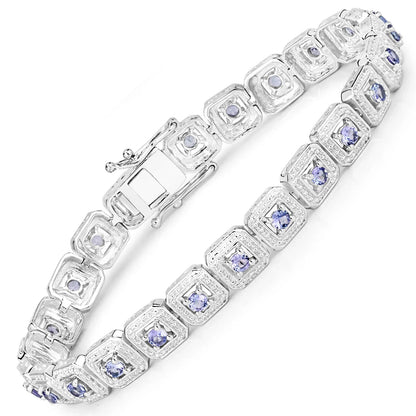 2.40 Ct Round Violet Tanzanite Square Halo Sterling Silver Inline Tennis Bracelet