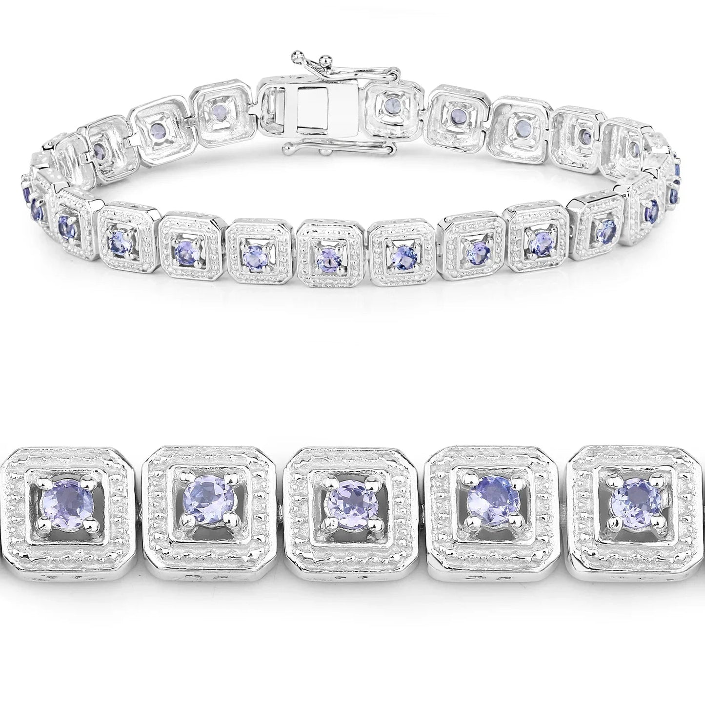 2.40 Ct Round Violet Tanzanite Square Halo Sterling Silver Inline Tennis Bracelet