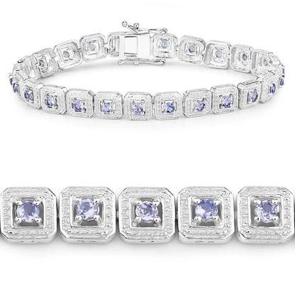 2.40 Ct Round Violet Tanzanite Square Halo Sterling Silver Inline Tennis Bracelet