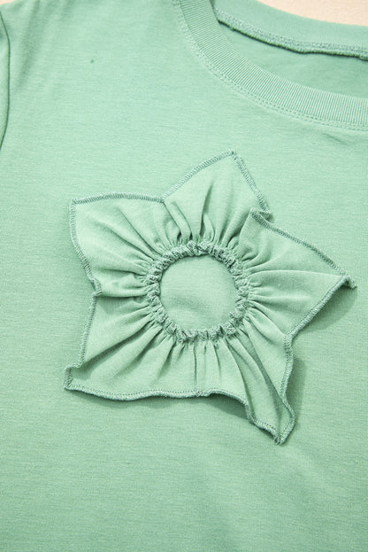 Threaded Pear Grass Green Flower Applique Mineral Wash Plus Size Top