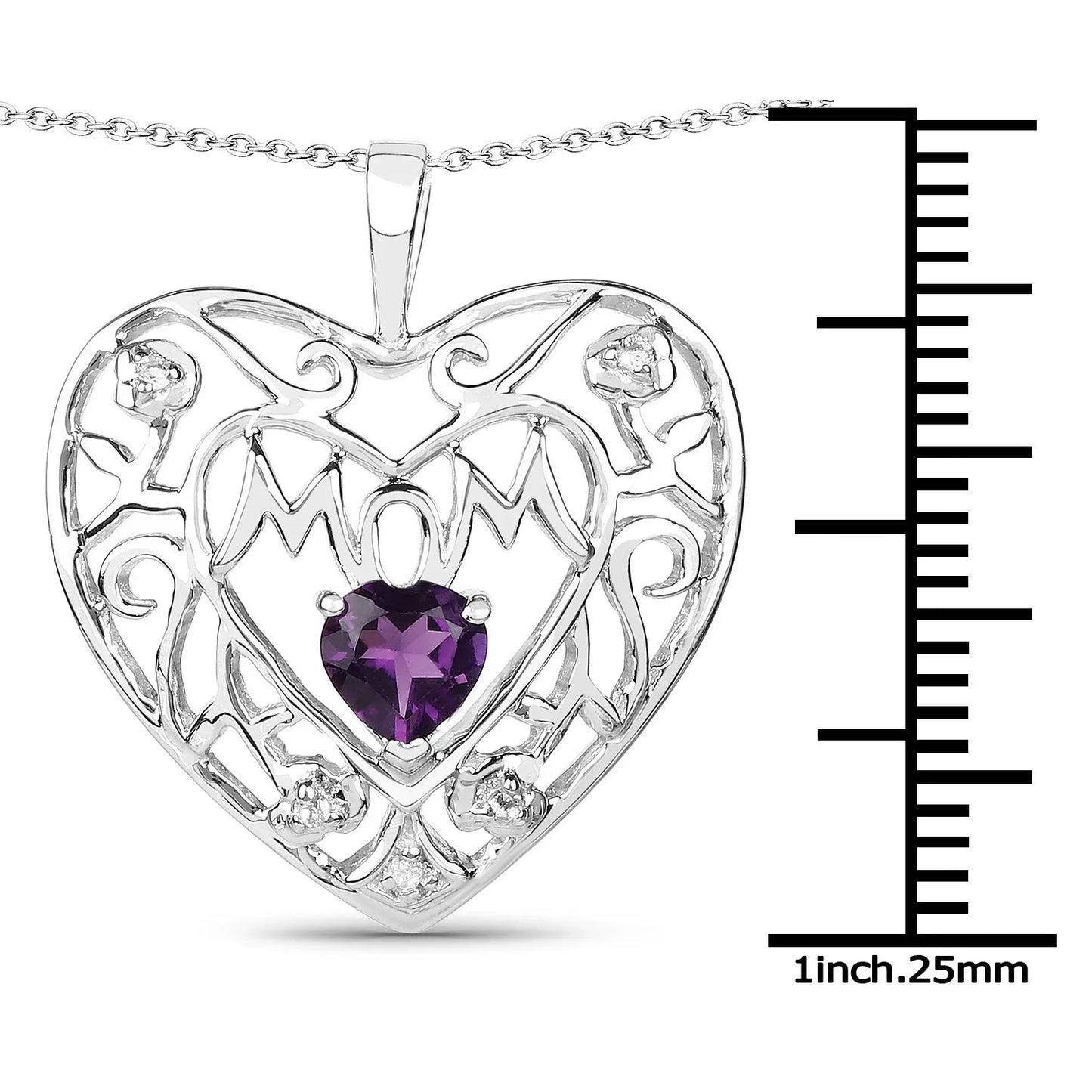 Heart Purple Amethyst Prong Silver Mom Charm Necklace