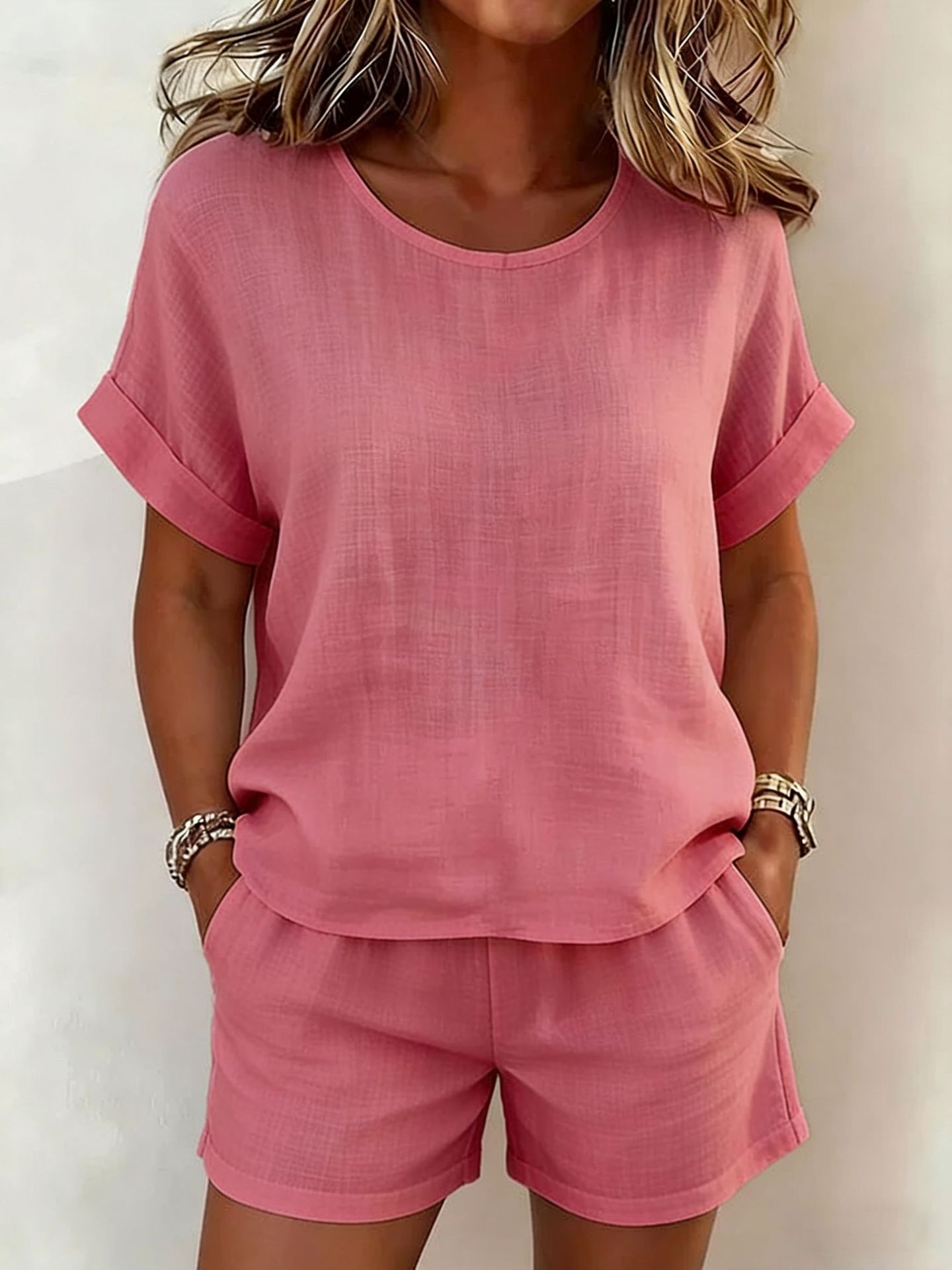 Women's Relaxed Cotton-Linen Cuffed Sleeve Top & Shorts Two-Piece Set