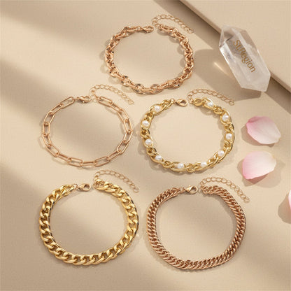 Pearl & Goldtone Figaro Chain Anklet Set