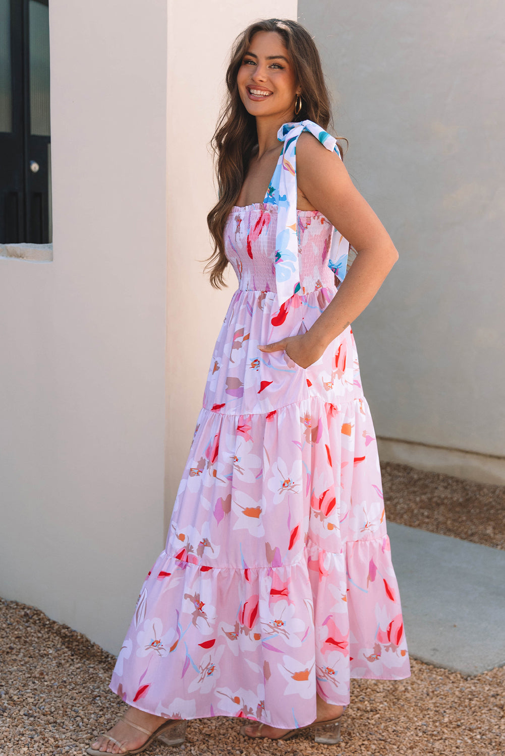 Threaded Pear Flora Floral Knotted Shoulder Smocked Maxi Dress