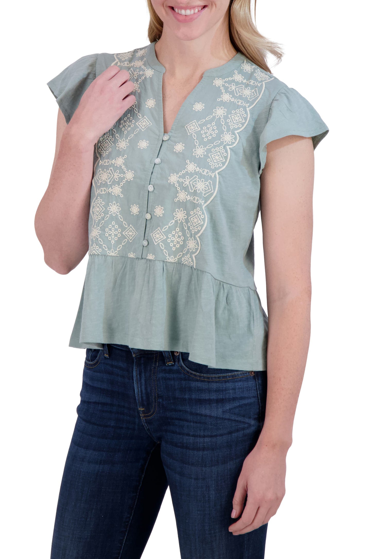 Lucky Brand Women's Ott Flutter Sleeve Top - Sage